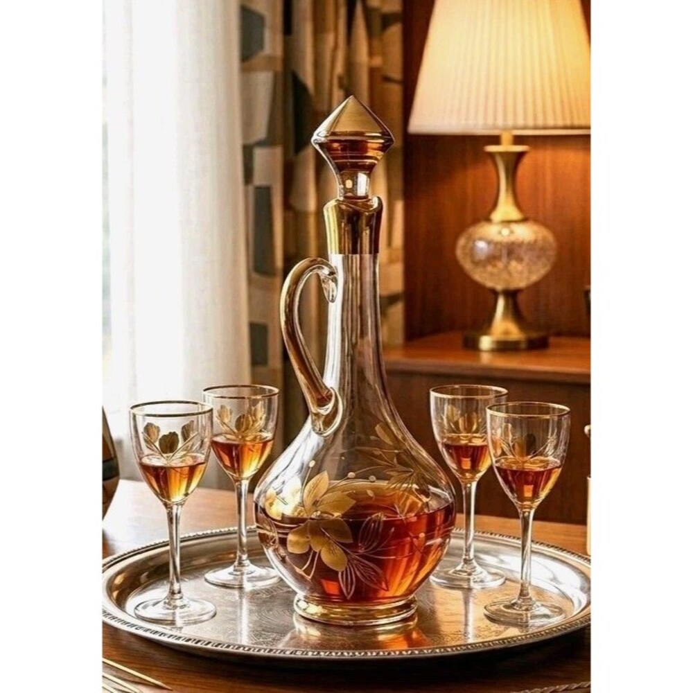 Vintage Art Glass Decanter Set with Gold Floral Etching, 5-Piece Ensemble